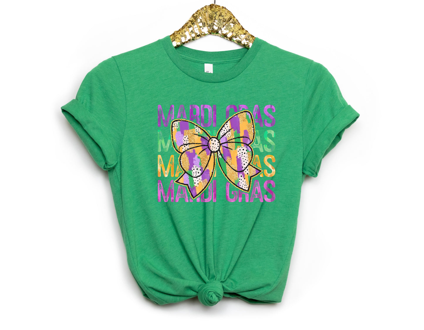 Mardi Gras Coquette Bow Repeat Adult Shirt- Mardi Gras 79