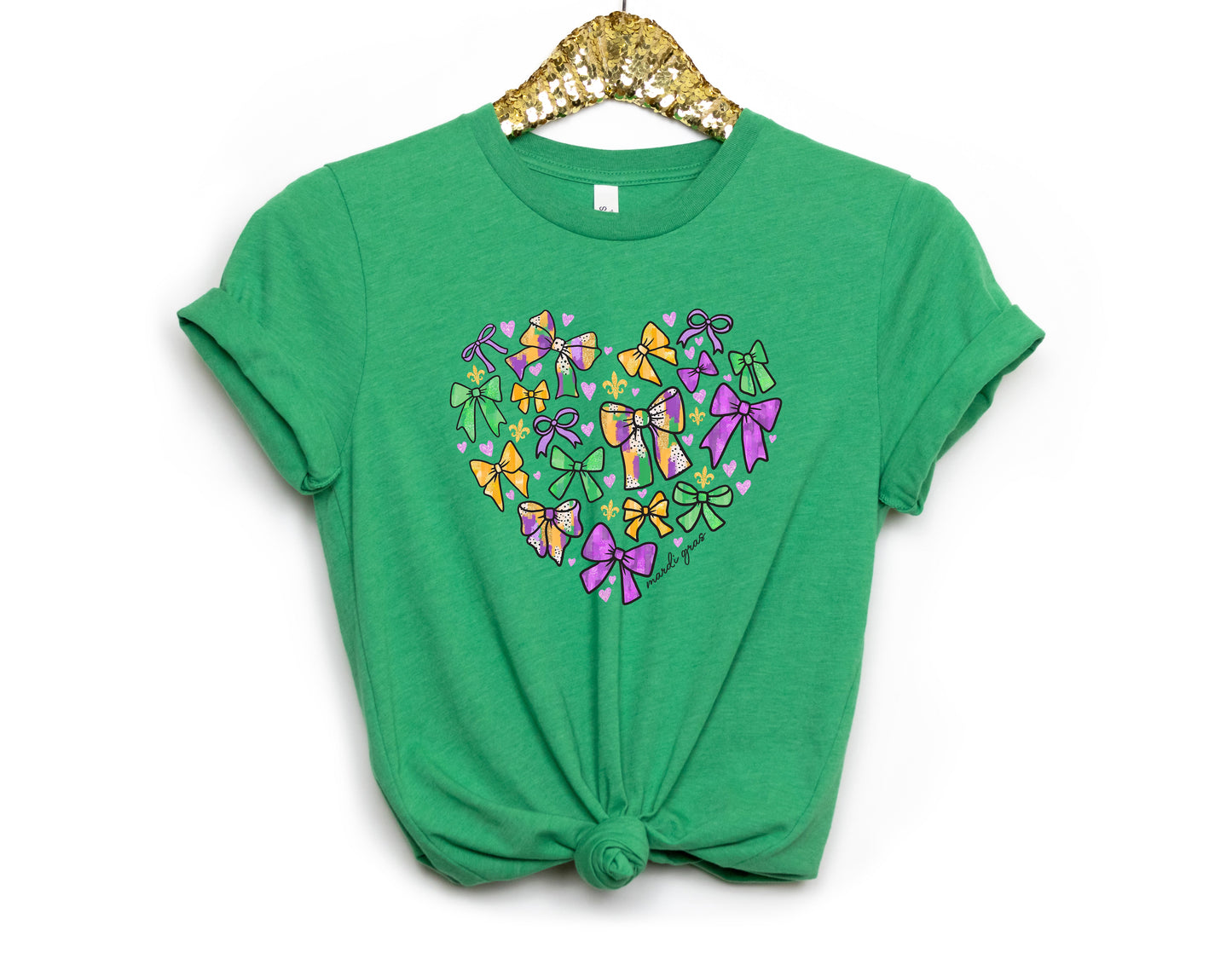 Mardi Gras Coquette Bow Heart Adult Shirt- Mardi Gras 85