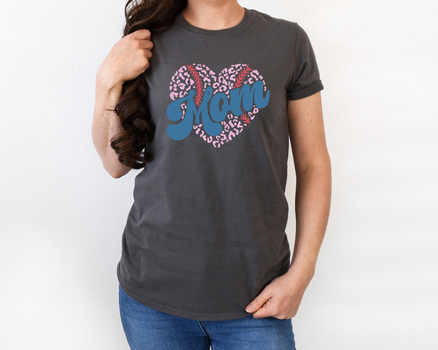 Baseball Leopard Heart Mama Adult Shirt- Baseball 321