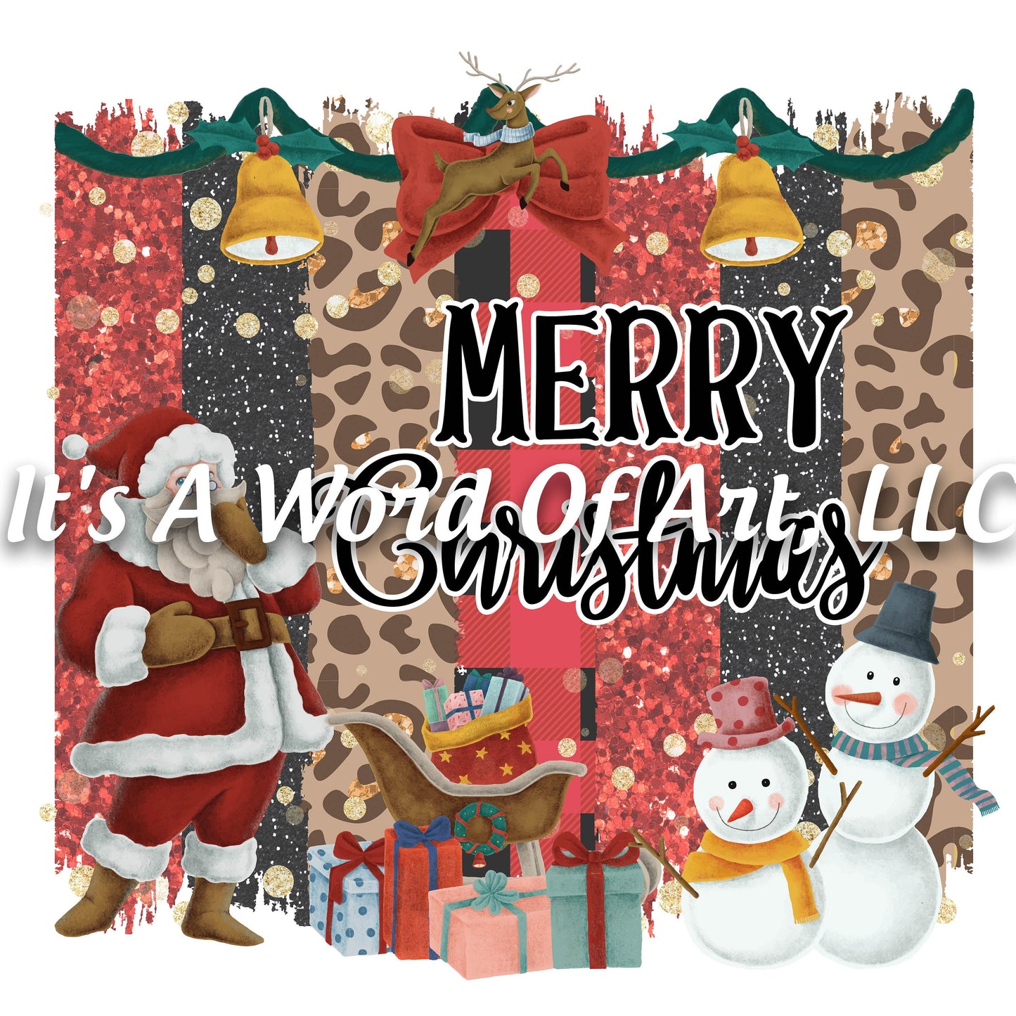 Christmas 211 - Merry Christmas Leopard Buffalo Plaid Santa Snowmen Bell - Sublimation Transfer Set/Ready To Press Sublimation Transfer