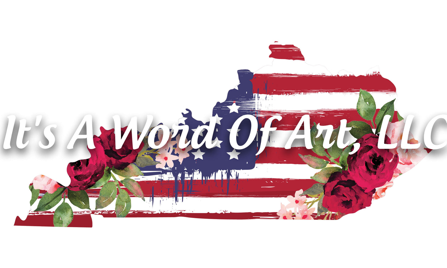 Americana Flowers 1 - Kentucky KY State Americana Flowers Rustic Outline - Sublimation Transfer Set/Ready To Press Sublimation Transfer