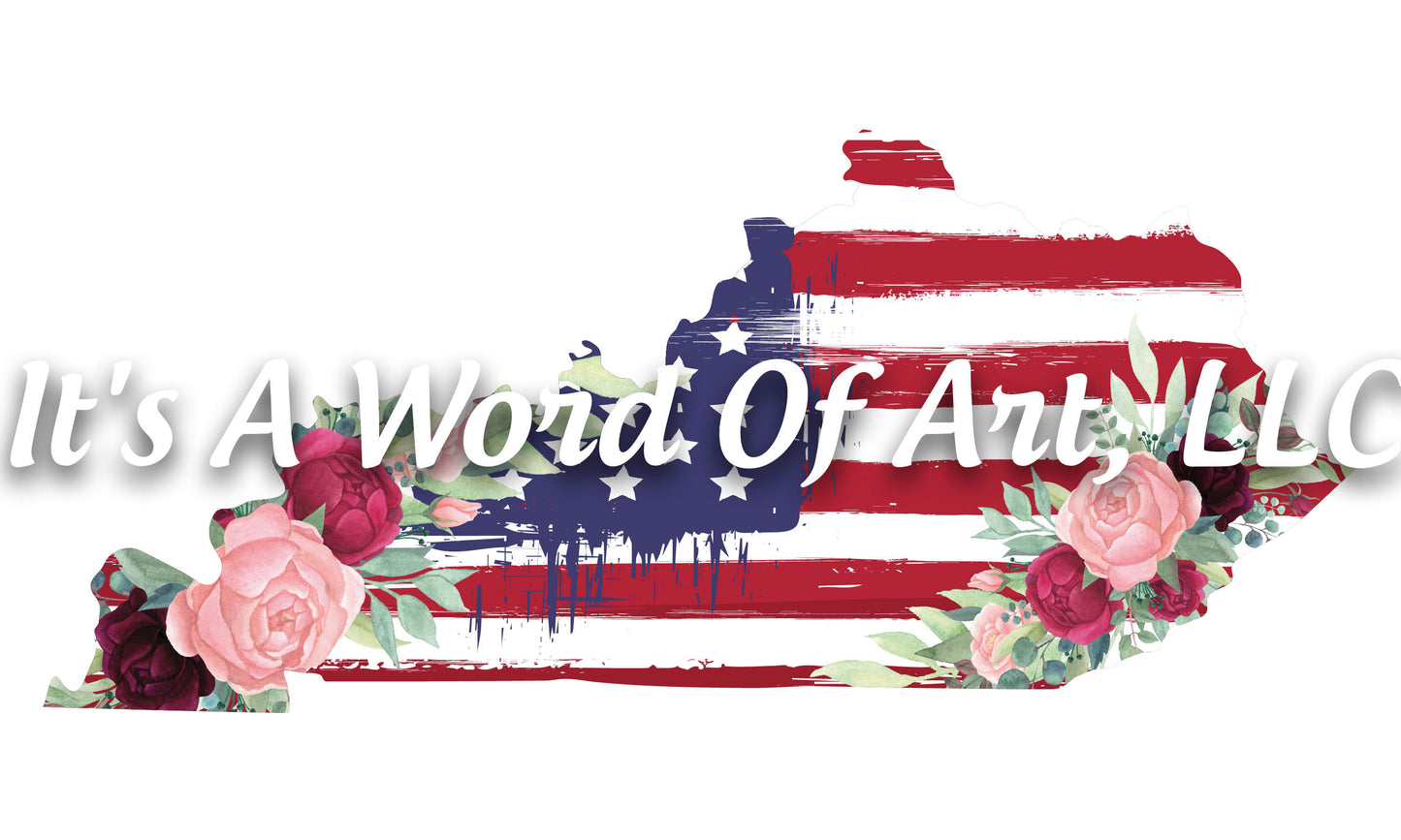 Americana Flowers 3 - Kentucky KY State Americana Flowers Rustic Outline - Sublimation Transfer Set/Ready To Press Sublimation Transfer