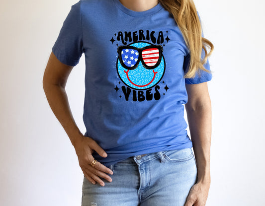 America Vibes Smiley Face Adult Shirt- Patriotic 229
