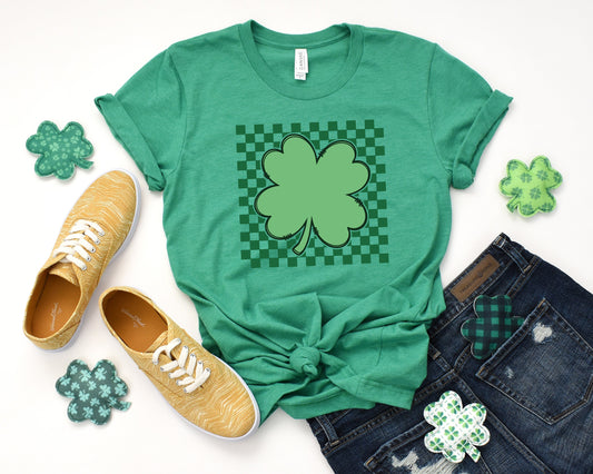 Checkered Four Leaf Clover Adult Shirt- St. Patricks 189