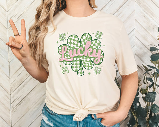 Checkered Lucky Shamrock  Adult Shirt- St. Patrick 199