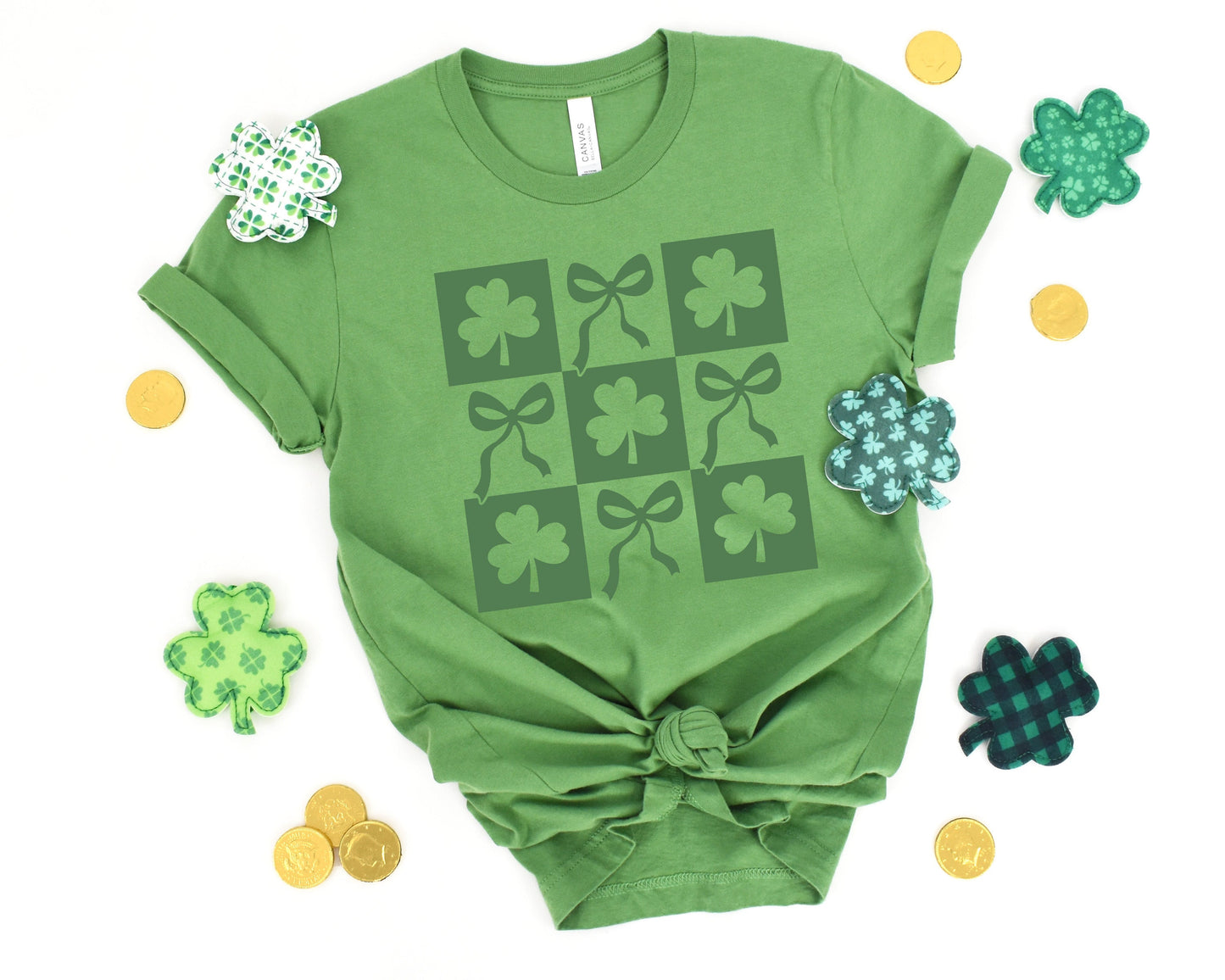 Four Leaf Clover Checkered Bow Adult Shirt- St. Patrick 187