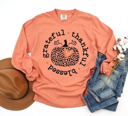 Grateful Thankful Blessed Pumpkin Adult Shirt- Thanksgiving 117