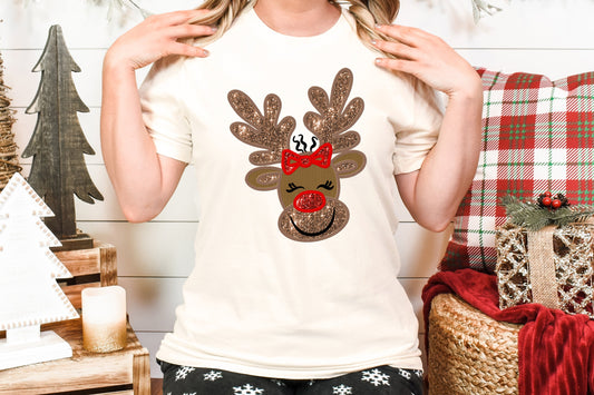 Reindeer With Bow Faux Embroidery Adult Shirt- Christmas 1502