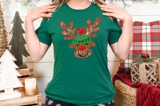 Reindeer With Hat Faux Embroidery Adult Shirt- Christmas 1503