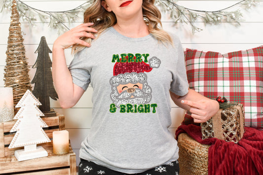 Merry and Bright Santa Faux Embroidery Adult Shirt-Christmas 1505