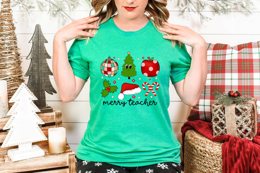 Retro Merry Teacher Adult Shirt- Christmas 1532
