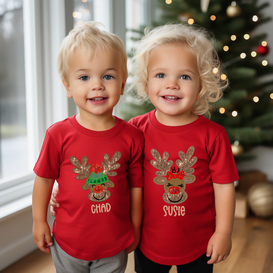 Faux Embroidered Personalized Reindeer Kids Shirt