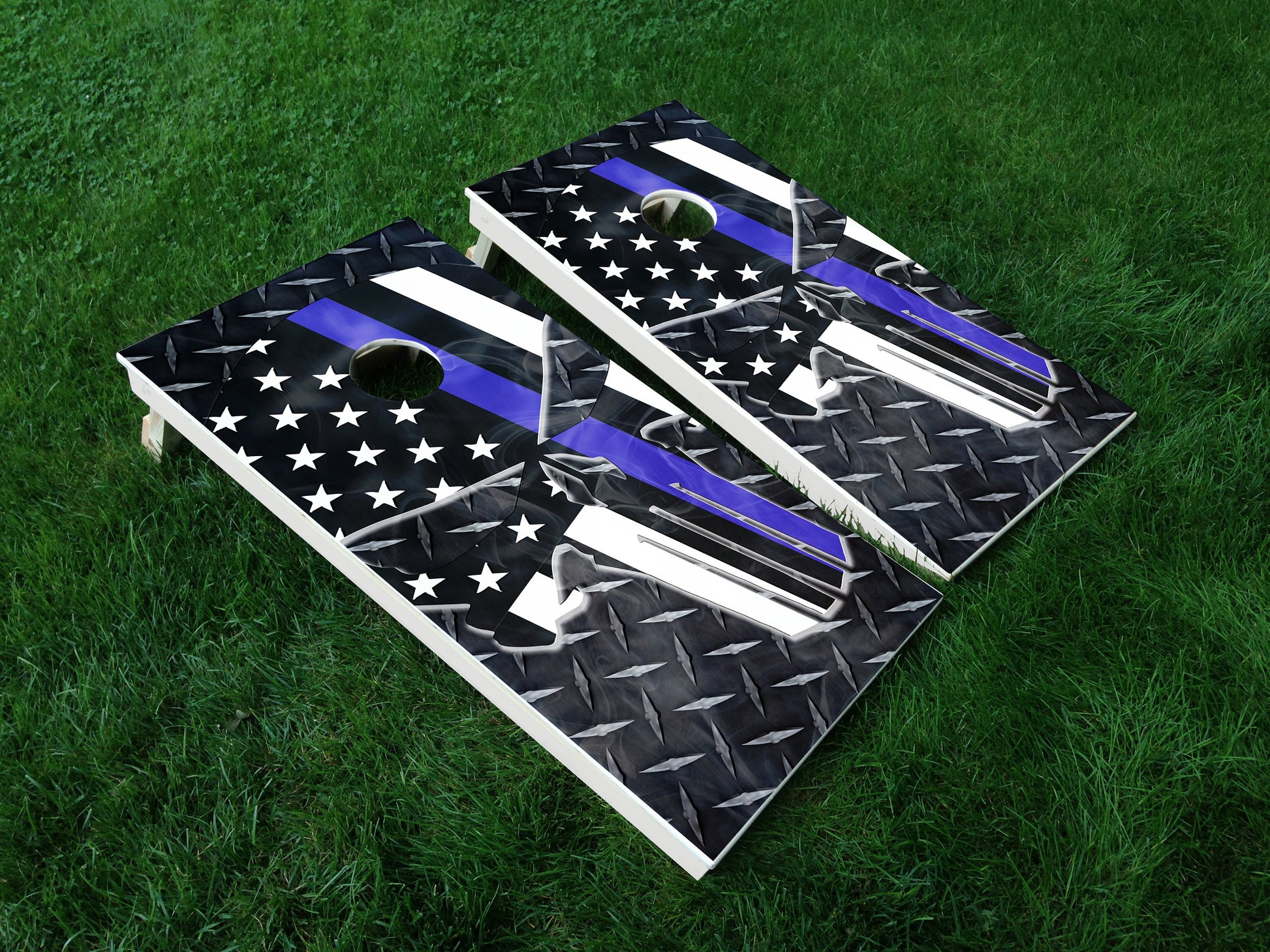 Thin Blue Line 05 Punisher American Flag Police Cornhole Wrap Decal Sticker SET OF 2 PRINTS