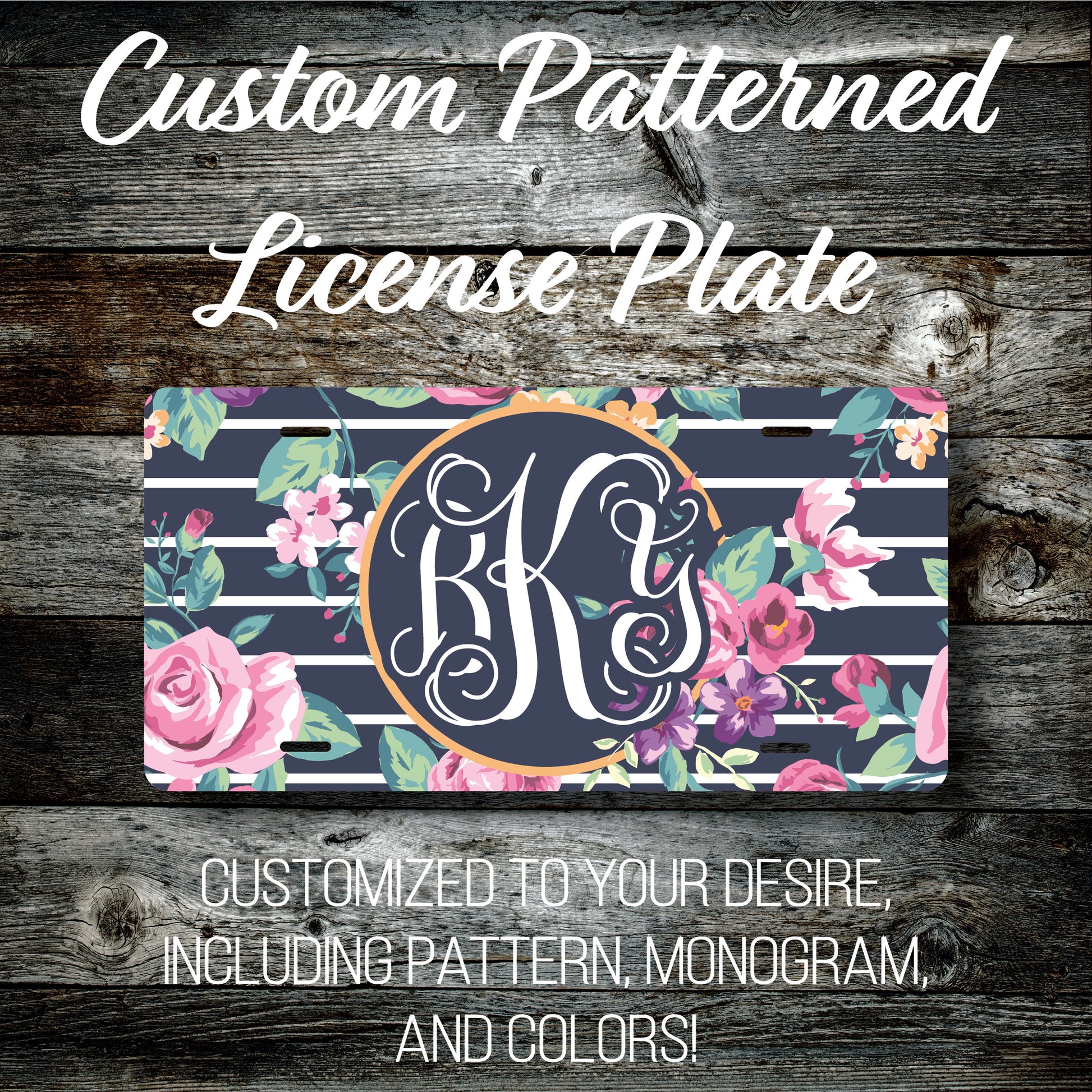 Personalized Monogrammed Custom License Plate (Pattern #261), Car Tag, Vanity license plate, Floral & Stripes Watercolor