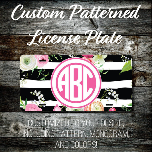 Personalized Monogrammed Custom License Plate (Pattern #268), Car Tag, Vanity license plate, Floral & Stripes Watercolor