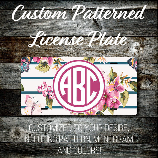 Personalized Monogrammed Custom License Plate (Pattern #269), Car Tag, Vanity license plate, Floral & Stripes Watercolor