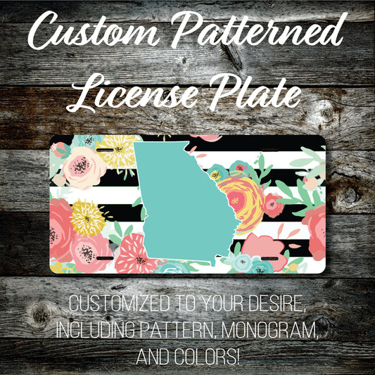 Personalized Monogrammed Custom Georgia License Plate (Pattern #256GA), Car Tag, Vanity license plate, Floral & Stripes Watercolor