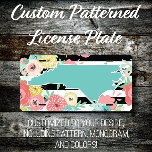 Personalized Monogrammed Custom North Carolina License Plate (Pattern #256NC), Car Tag, Vanity license plate, Floral & Stripes Watercolor