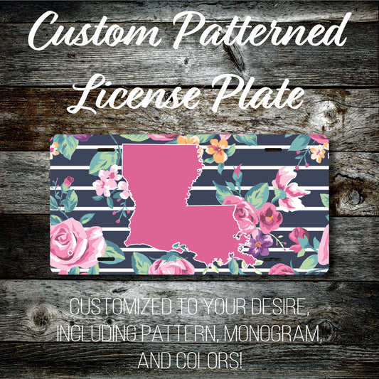 Personalized Monogrammed Custom Louisiana License Plate (Pattern #261LA), Car Tag, Vanity license plate, Floral & Stripes Watercolor