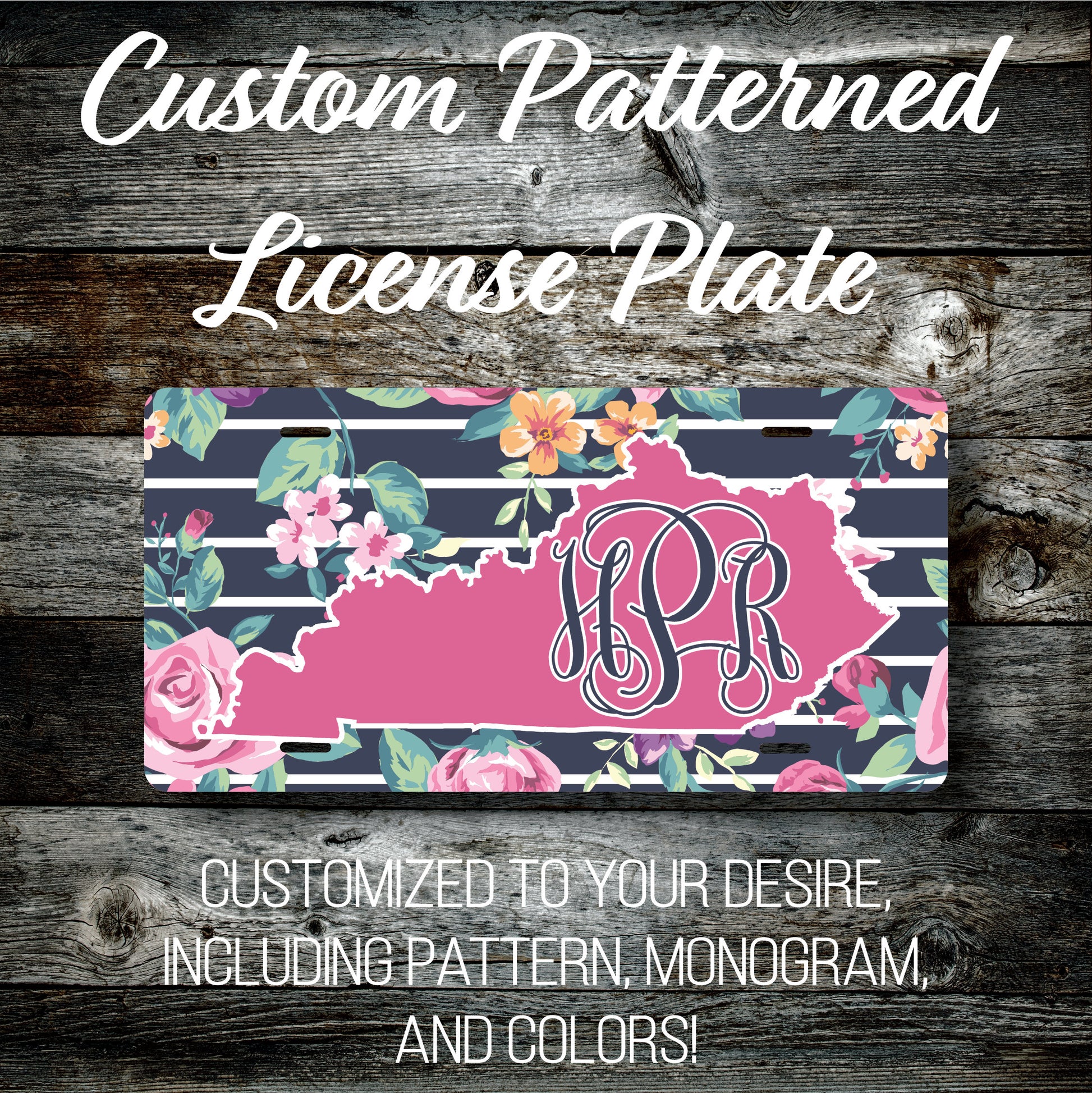 Personalized Monogrammed Custom Kentucky License Plate (Pattern #261KY), Car Tag, Vanity license plate, Floral & Stripes Watercolor
