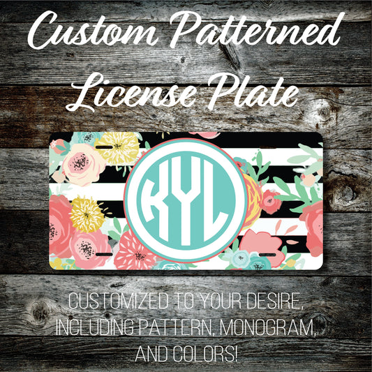 Personalized Monogrammed Custom License Plate (Pattern #256), Car Tag, Vanity license plate, Floral & Stripes Watercolor