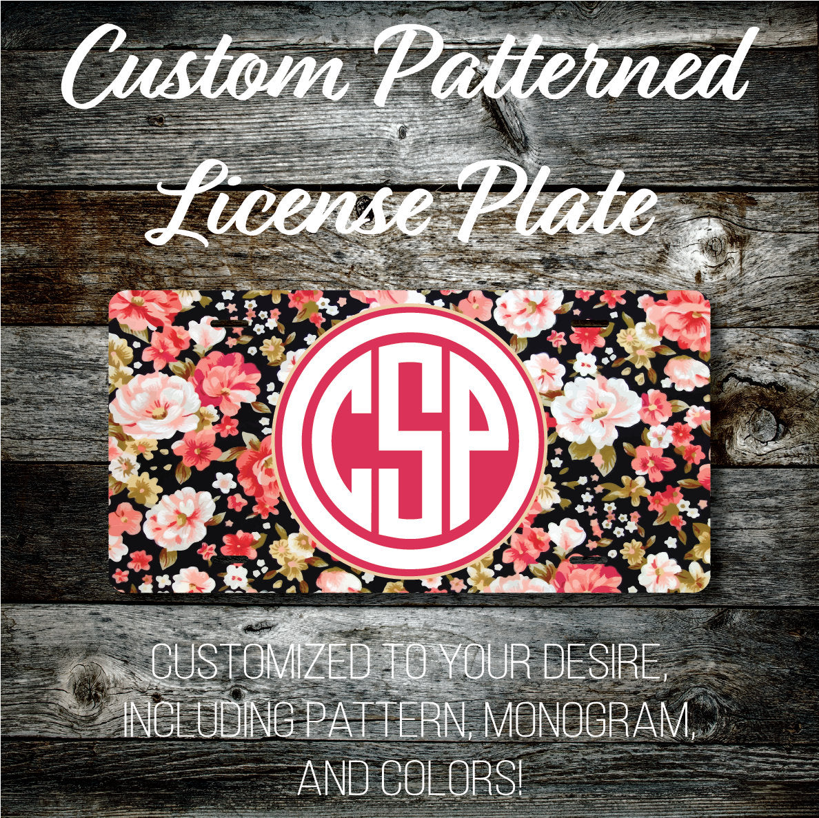 Personalized Monogrammed Custom License Plate (Pattern #262), Car Tag, Vanity license plate, Floral & Stripes Watercolor