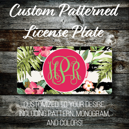 Personalized Monogrammed Custom License Plate (Pattern #263), Car Tag, Vanity license plate, Floral & Stripes Watercolor