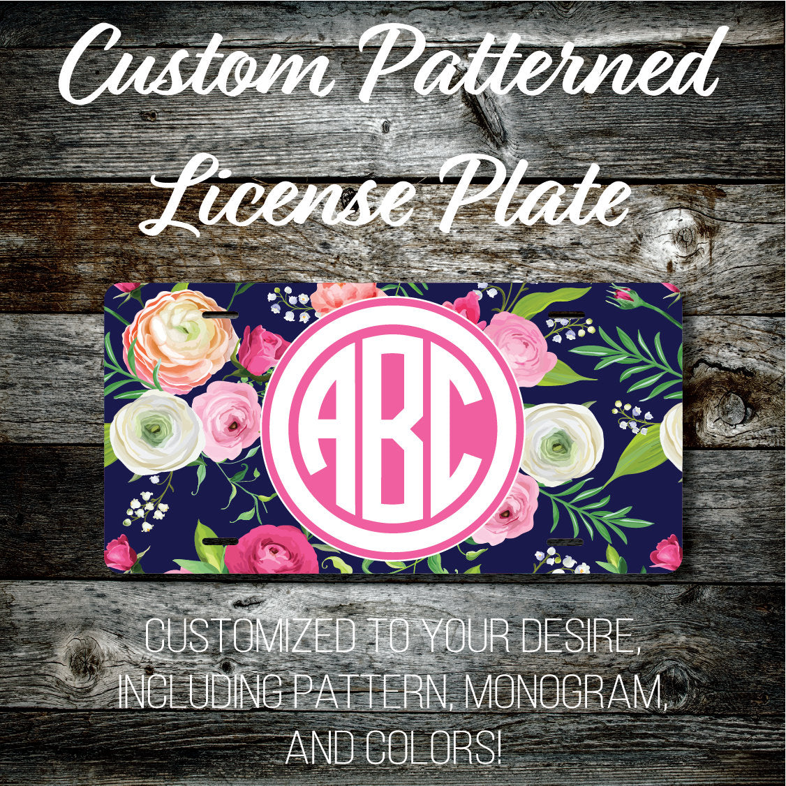 Personalized Monogrammed Custom License Plate (Pattern #267), Car Tag, Vanity license plate, Floral & Stripes Watercolor