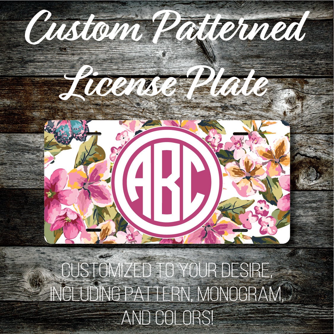 Personalized Monogrammed Custom License Plate (Pattern #270), Car Tag, Vanity license plate, Floral & Stripes Watercolor