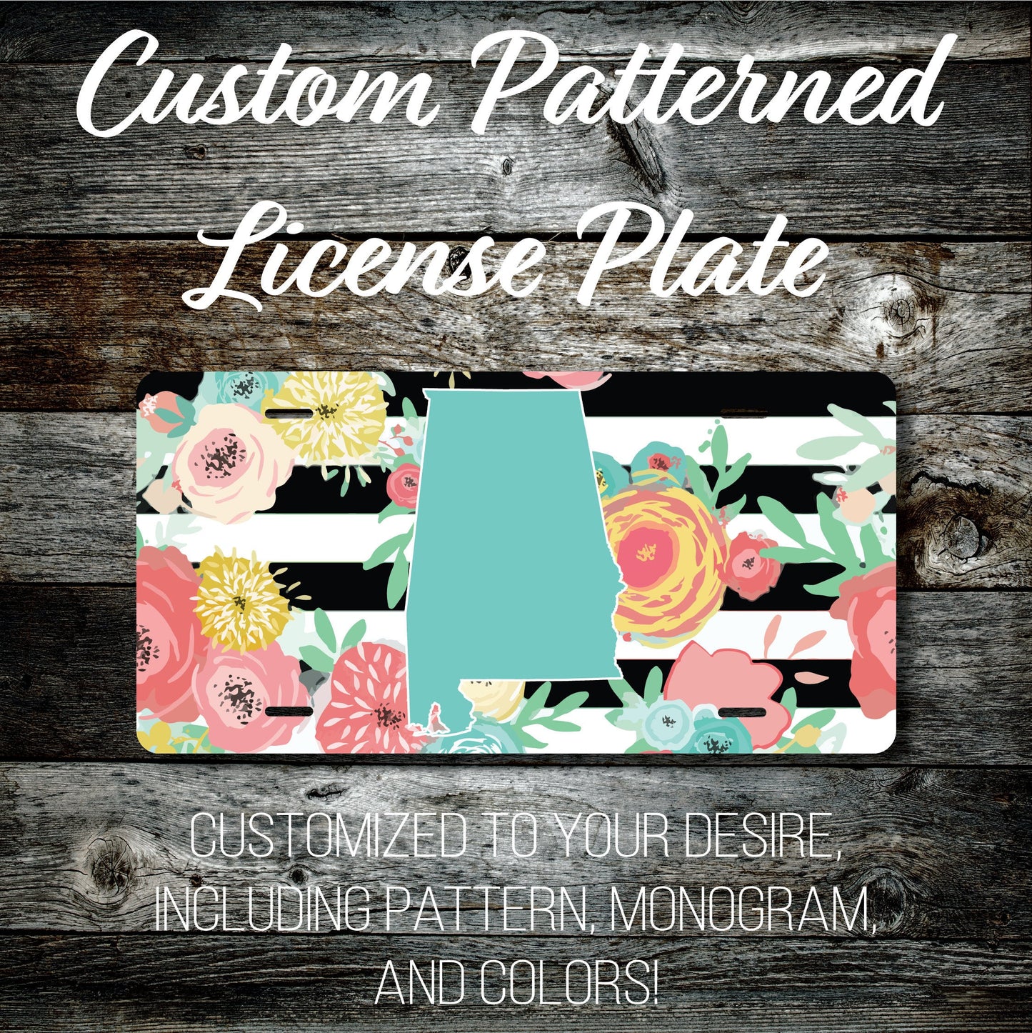Personalized Monogrammed Custom Alabama License Plate (Pattern #256AL), Car Tag, Vanity license plate, Floral & Stripes Watercolor