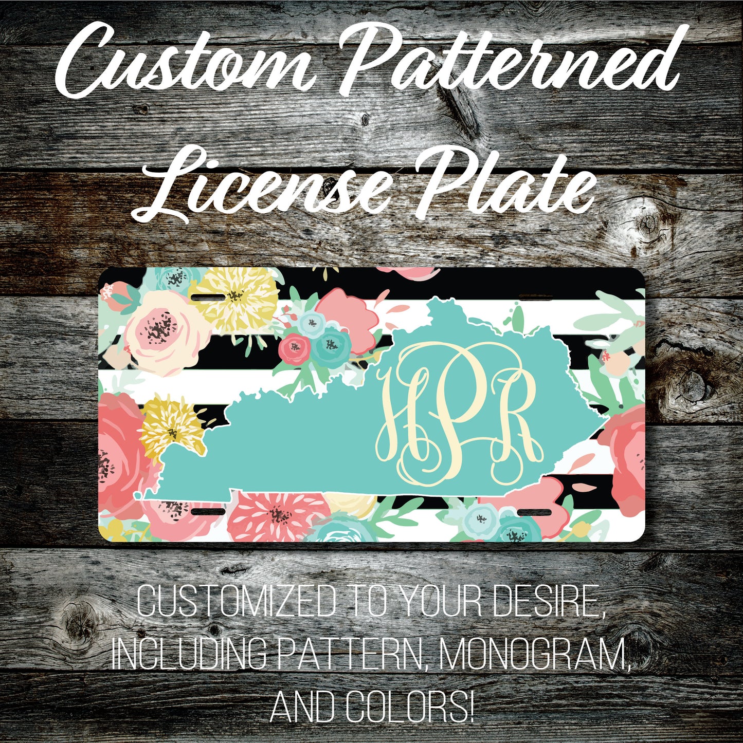 Personalized Monogrammed Custom Kentucky License Plate (Pattern #256KY), Car Tag, Vanity license plate, Floral & Stripes Watercolor