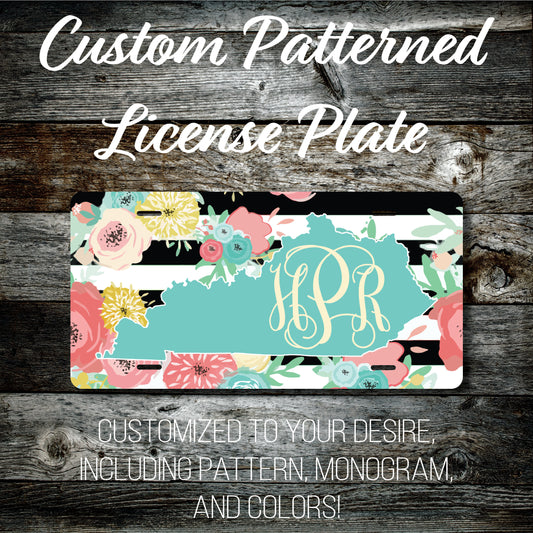 Personalized Monogrammed Custom Kentucky License Plate (Pattern #256KY), Car Tag, Vanity license plate, Floral & Stripes Watercolor