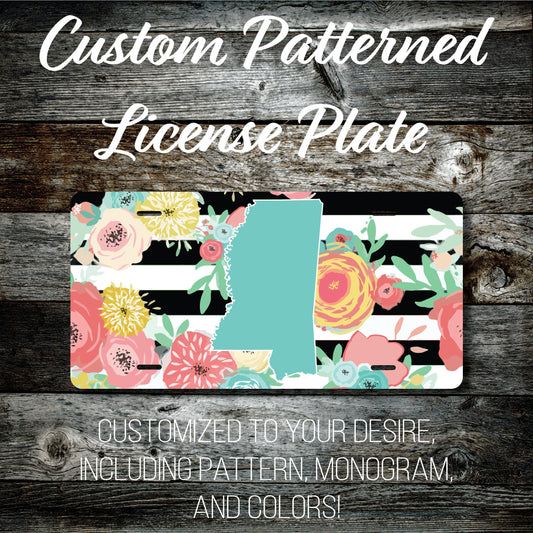 Personalized Monogrammed Custom Mississippi License Plate (Pattern #256MS), Car Tag, Vanity license plate, Floral & Stripes Watercolor