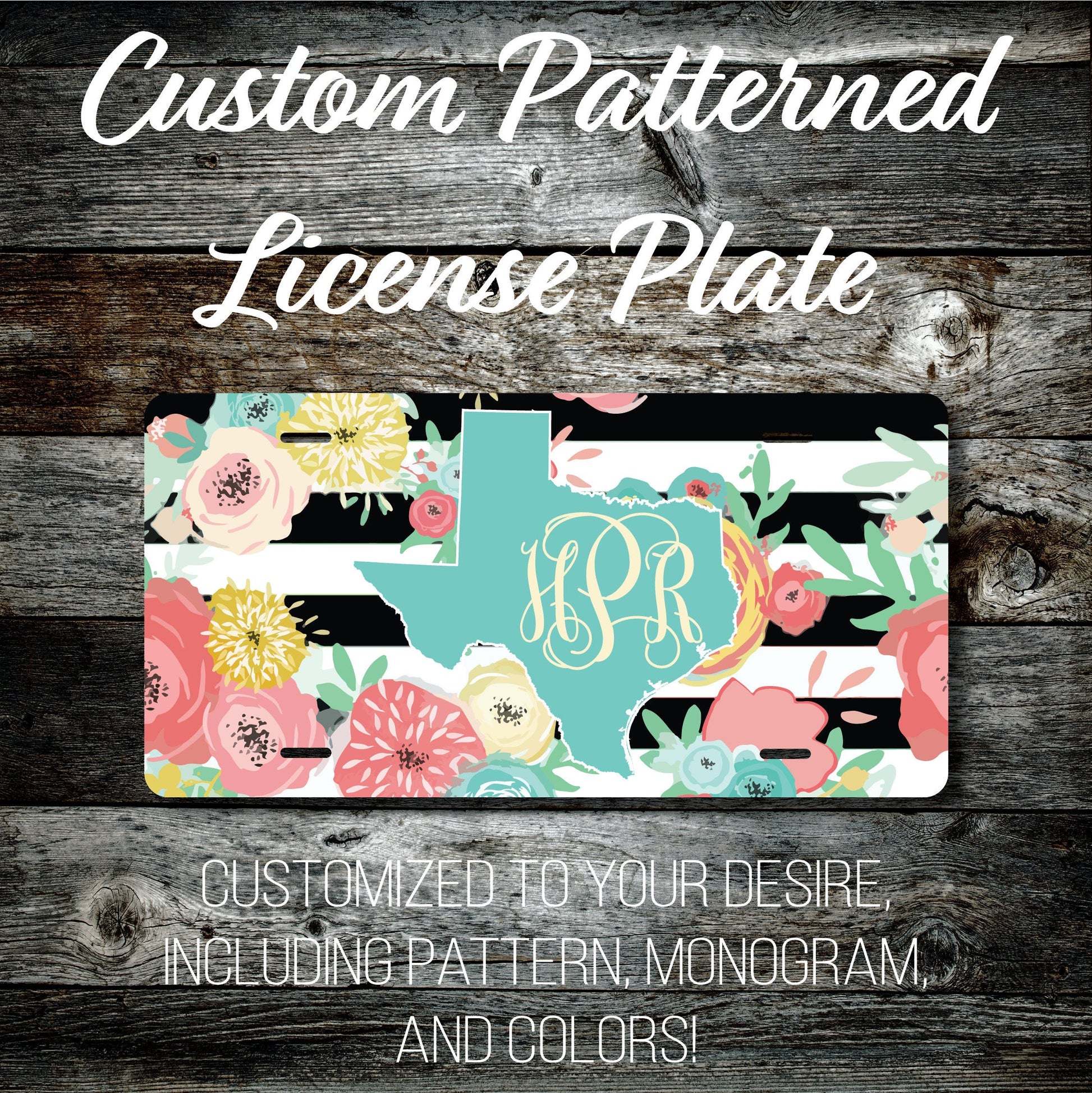 Personalized Monogrammed Custom Texas License Plate (Pattern #256TX), Car Tag, Vanity license plate, Floral & Stripes Watercolor