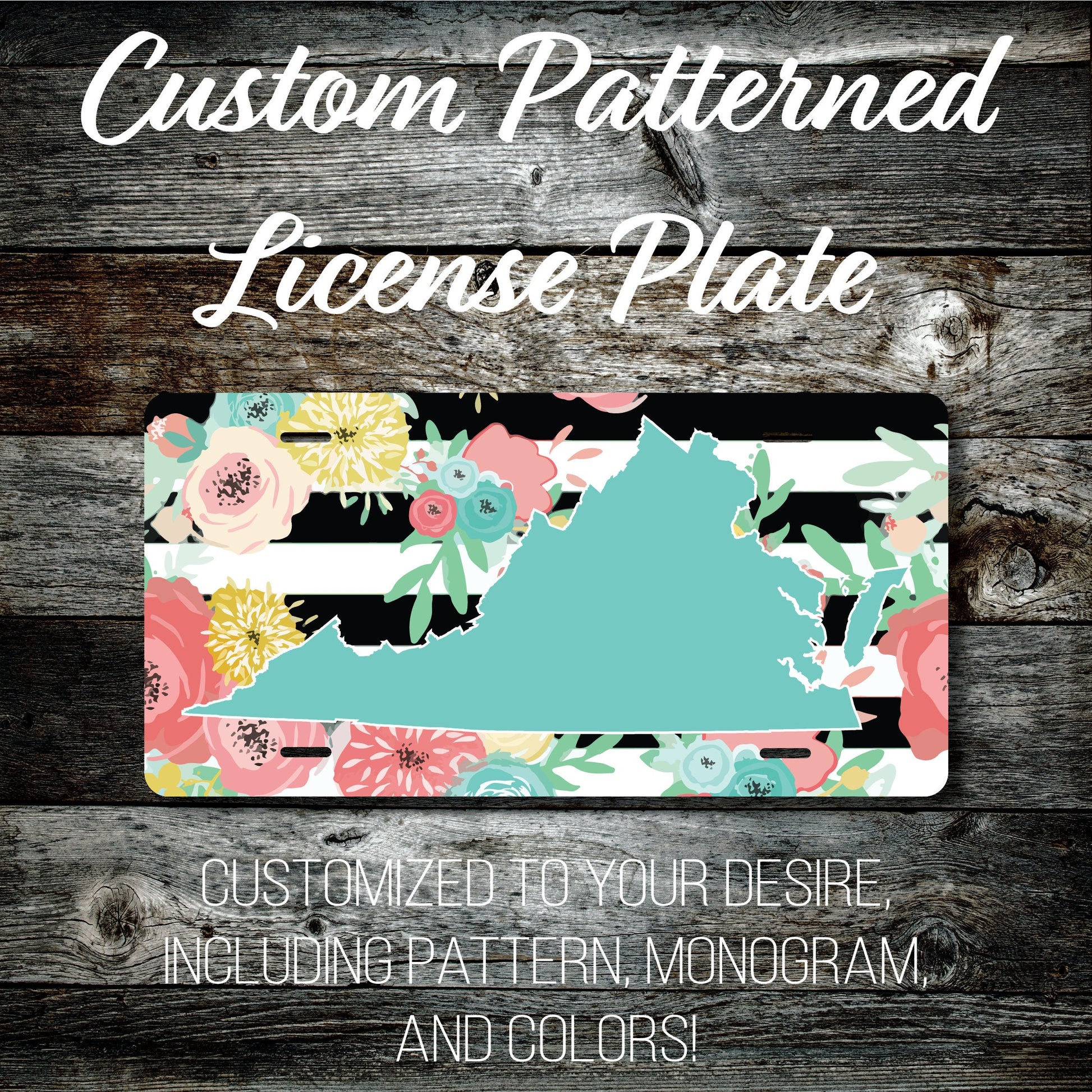 Personalized Monogrammed Custom Virginia License Plate (Pattern #256VA), Car Tag, Vanity license plate, Floral & Stripes Watercolor
