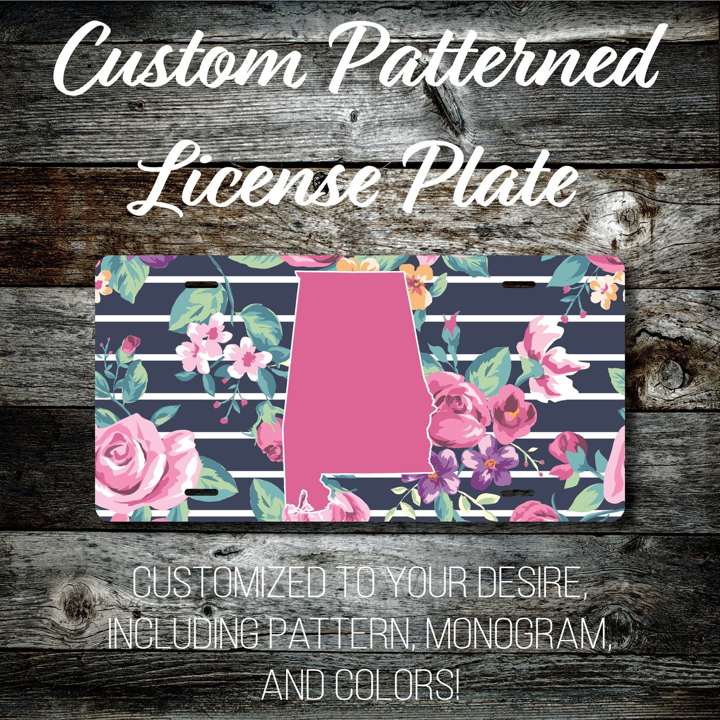 Personalized Monogrammed Custom Alabama License Plate (Pattern #261AL), Car Tag, Vanity license plate, Floral & Stripes Watercolor