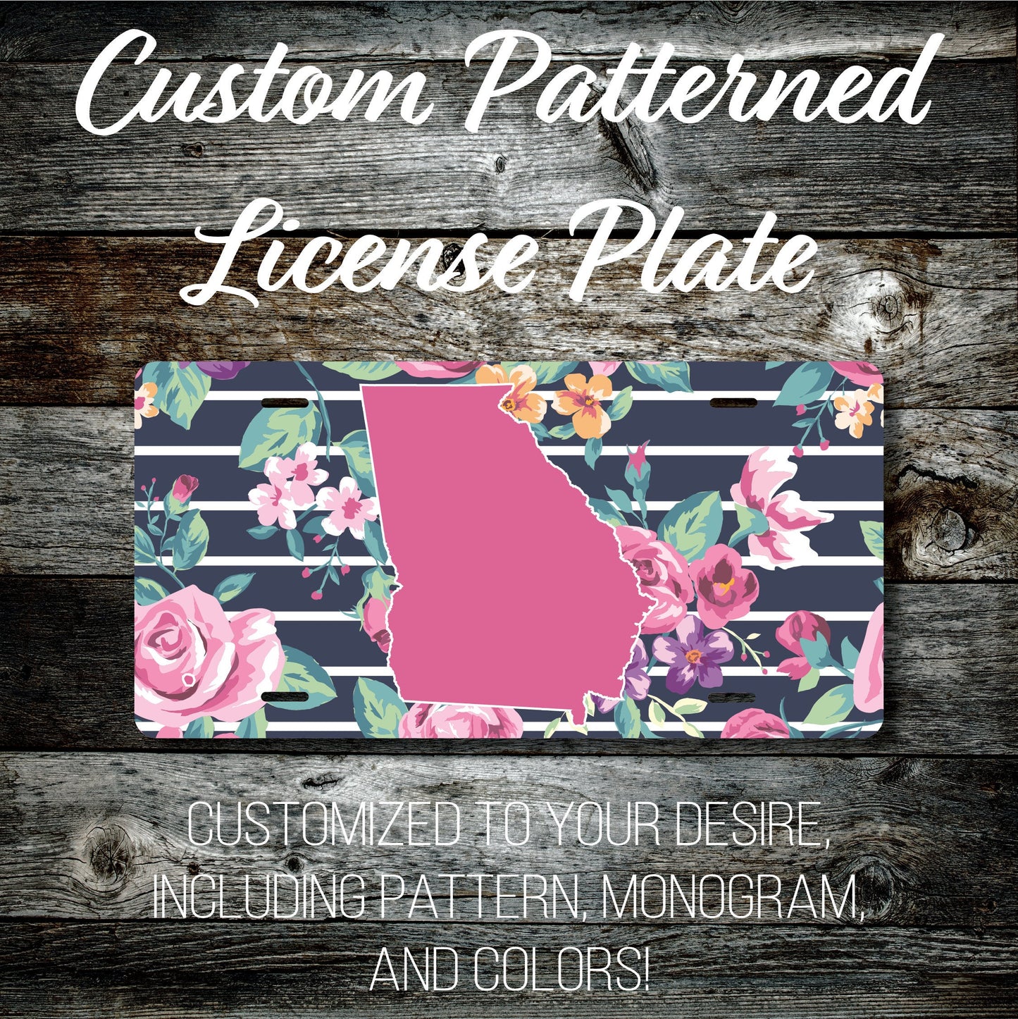 Personalized Monogrammed Custom Georgia License Plate (Pattern #261GA), Car Tag, Vanity license plate, Floral & Stripes Watercolor