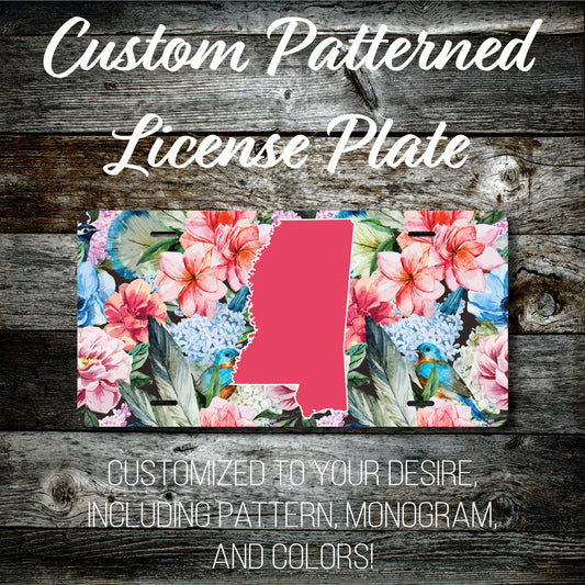 Personalized Monogrammed Custom Mississippi License Plate (Pattern #263MS), Car Tag, Vanity license plate, Floral & Stripes Watercolor