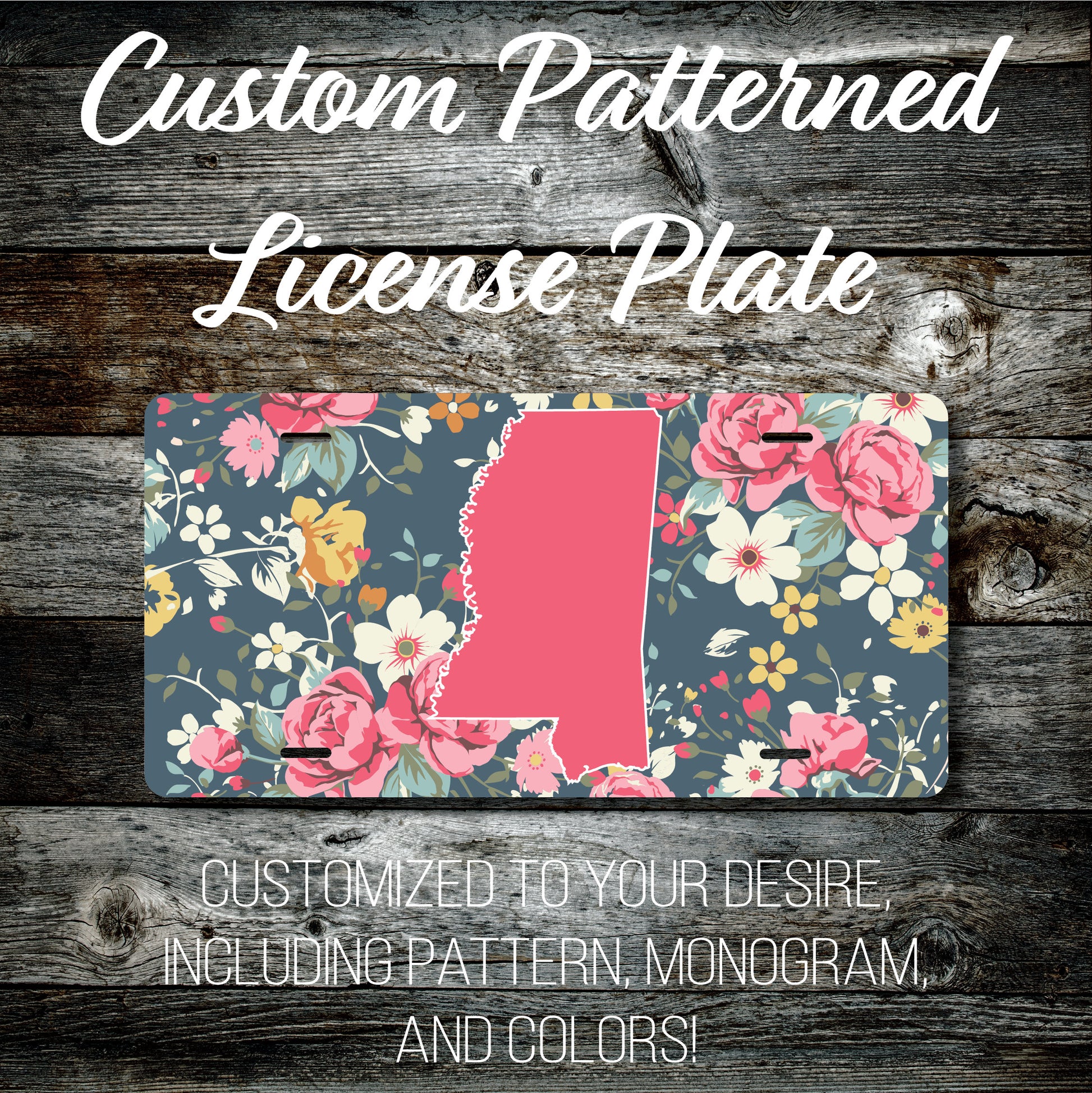 Personalized Monogrammed Custom Mississippi License Plate (Pattern #265MS), Car Tag, Vanity license plate, Floral & Stripes Watercolor