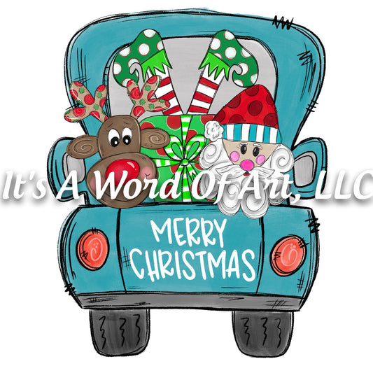 Christmas 230 - Merry Christmas Blue Truck Santa - Sublimation Transfer Set/Ready To Press Sublimation Transfer/Sublimation Transfer