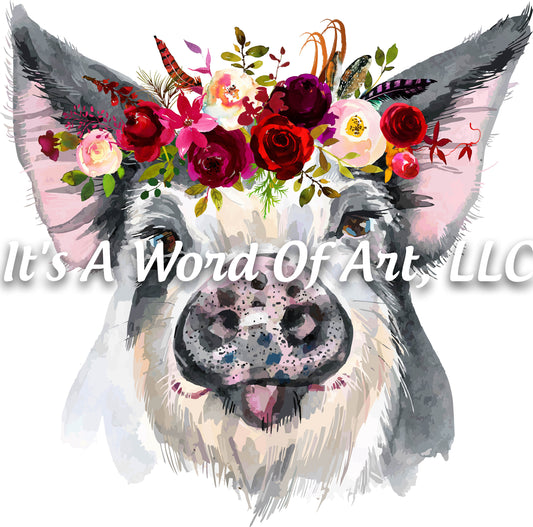 Animals 36 - Pig with Flowers Watercolor Pot Belly Pig Cute Funny T-Shirt - Sublimation Transfer Set/Ready To Press Sublimation Transfer