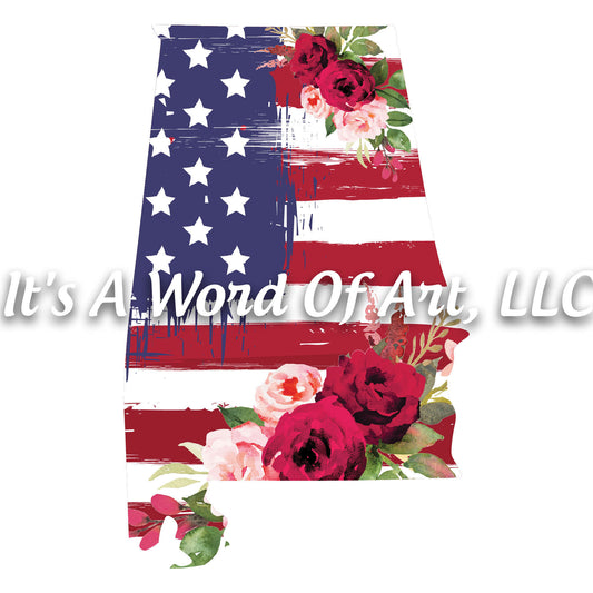 Americana Flowers 7 - Alabama AL State Americana Flowers Rustic Outline - Sublimation Transfer Set/Ready To Press Sublimation Transfer