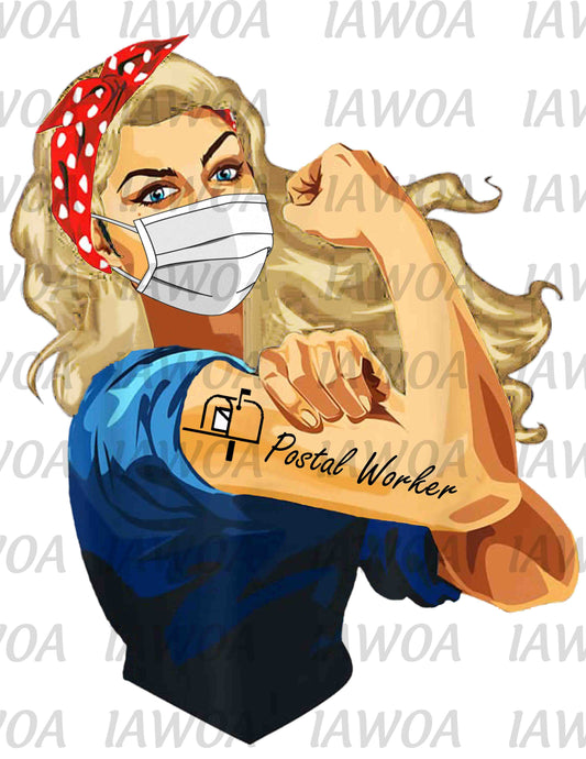 Rosie Riveter 45- Postal Worker Frontline Workers Blonde Hair - Sublimation Transfer Set/Ready To Press Sublimation Transfer